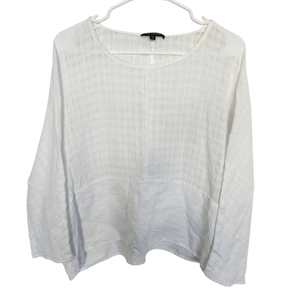 For Cynthia Linen Cotton Blend Gauze Oversized Top‎ M White Beach Lagenlook